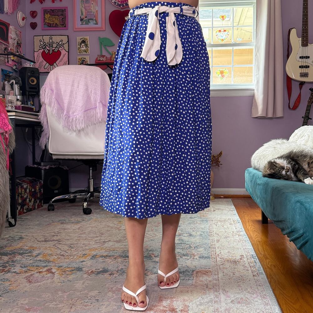 Vintage 80s blue and white retro polka dot midi skirt